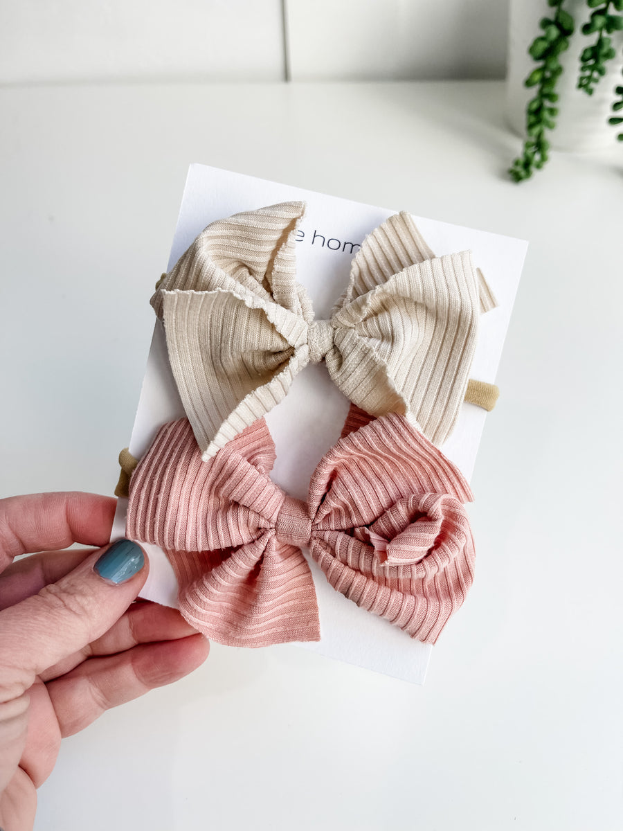 Pink and Cream Knit Hair Bow Pack