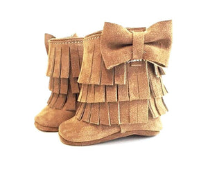 Three Layer Bow Boots Caramel Suede